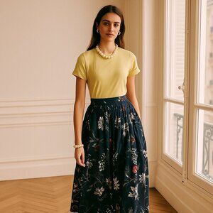 Dries Van Noten Aline Midi Skirt Floral Cotton Voile Deep Ocean Blue